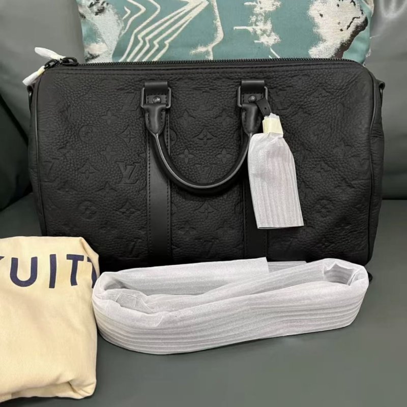 Louis Vuitton keepall 35 全皮黑色壓紋 配件盒子塵袋購證 全新-0