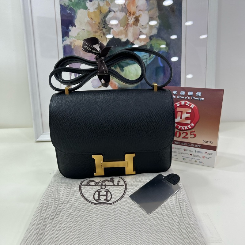 愛馬仕 迷你康康 黑金 Epsom皮 B刻 有鏡子 Hermes Mini Constance 19 with Mirror Noir Epsom leather GHW Stamp B-1