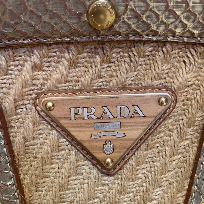 保證正品！超級稀有9成新Prada蛇皮拼接 藤編 草編 拉菲草 夏天手提包 手拿包-4