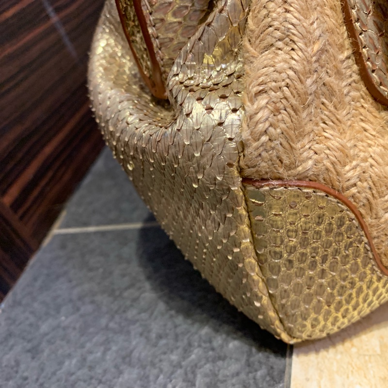 保證正品！超級稀有9成新Prada蛇皮拼接 藤編 草編 拉菲草 夏天手提包 手拿包-33