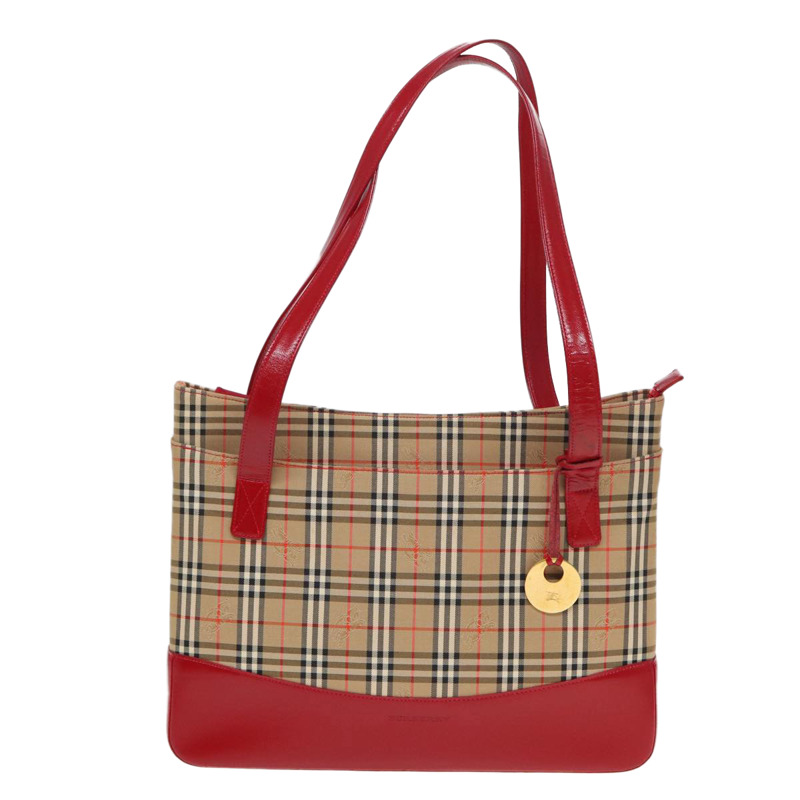 【日本直送】BURBERRY Nova 格紋手提包 帆布 米紅色 正品 82269-12