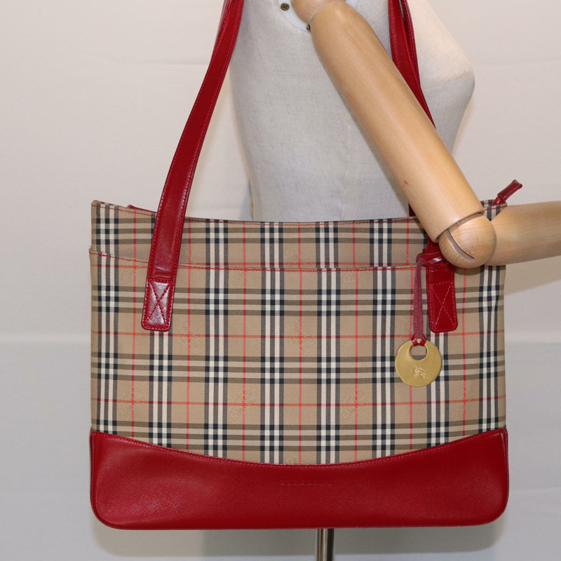 【日本直送】BURBERRY Nova 格紋手提包 帆布 米紅色 正品 82269-22