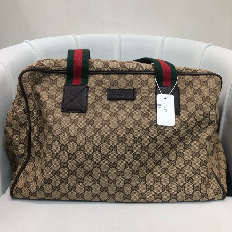 Gucci 布面經典老花 紅綠布帶 旅行袋 XB391-0