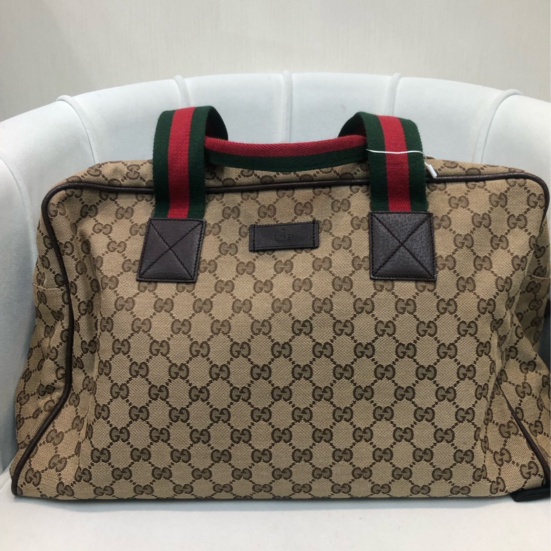 Gucci 布面經典老花 紅綠布帶 旅行袋 XB391-3
