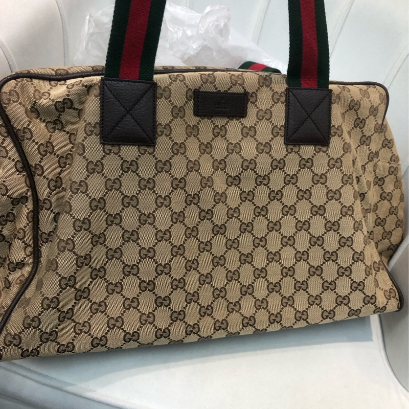 Gucci 布面經典老花 紅綠布帶 旅行袋 XB391-6