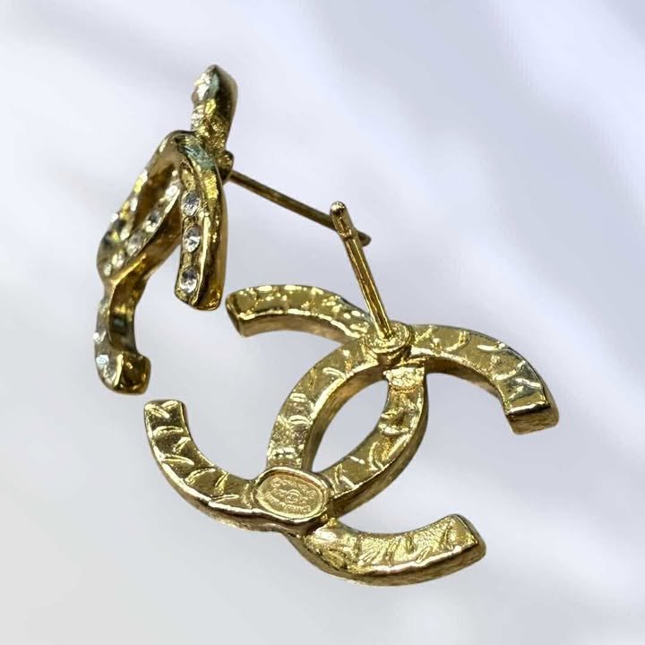 CHANEL 水鑽雙C耳環/金-3