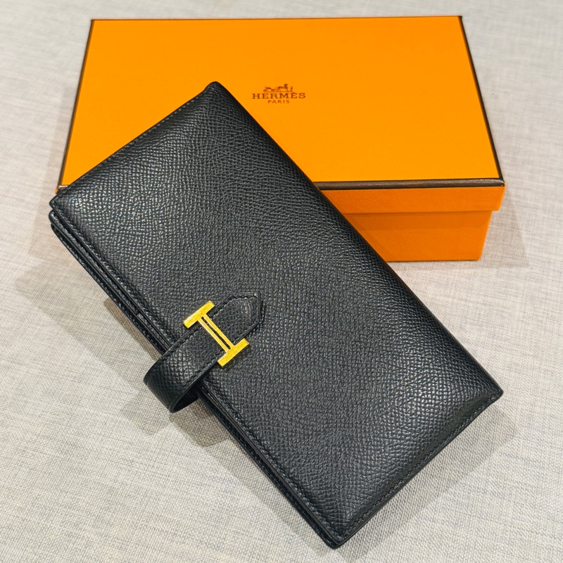 Hermes Bearn 黑色長夾金扣,原廠配件購買證明齊全-0