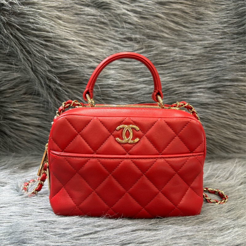 CHANEL TRENDY CC 櫻桃紅色羊皮 金鍊 相機包化妝箱肩背包斜背包手提包-0