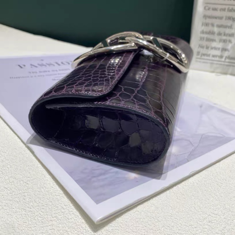 愛馬仕Hermes 亮面鰐魚皮手拿包 紫色銀扣 氣場十足 彰顯高貴氣質 框Q刻 尺寸25*10.5-3