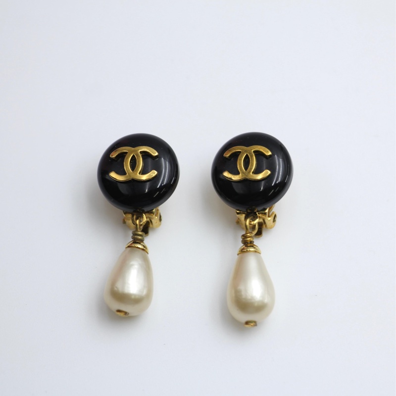 Chanel Vintage 95P樹脂黑色豆豆仿珍珠耳環-0