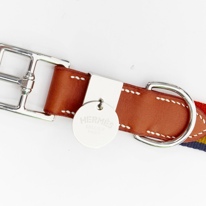 HERMES Rocabar III Dog Collar brown leather PHW logo rainbow-1