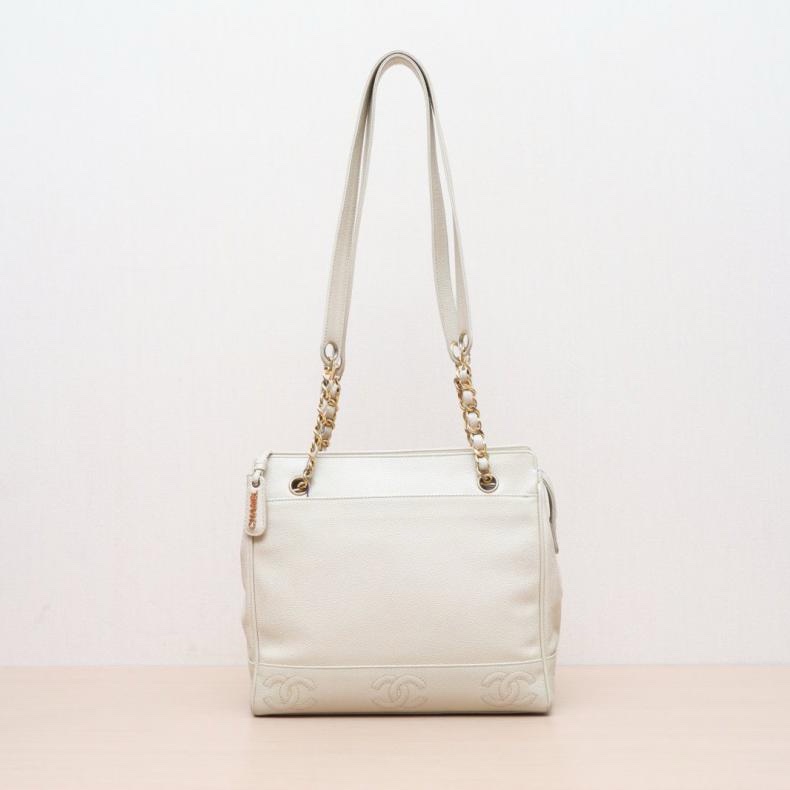CHANEL(香奈兒) 中古 暗紋logo奶粉包 米白色 荔枝 4開 金扣-0