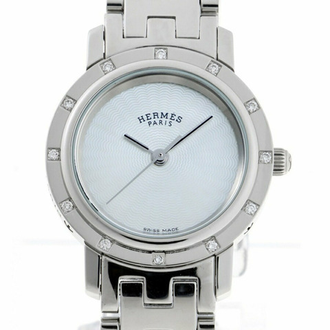 愛馬仕 HERMES Clipper Nacle CL4.230 12P 鑽石錶圈白色貝殼石英腕錶 A-158176