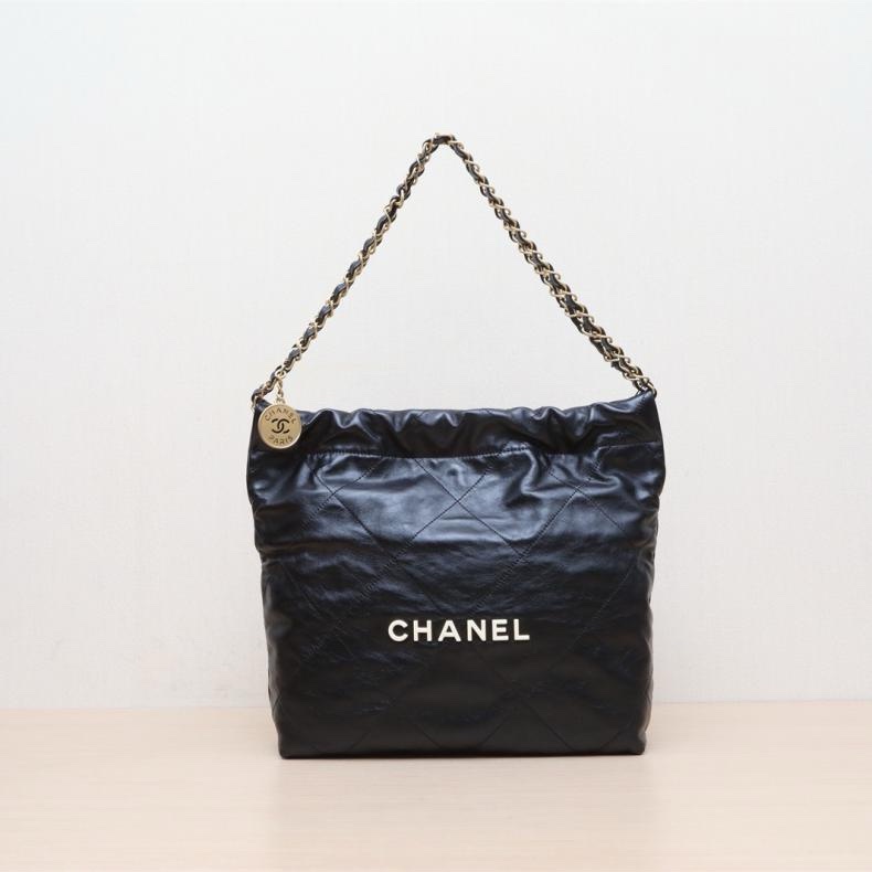 CHANEL(香奈兒) 22Bag Tote托特包 小號 30cm 黑色  晶片開 白扣-0