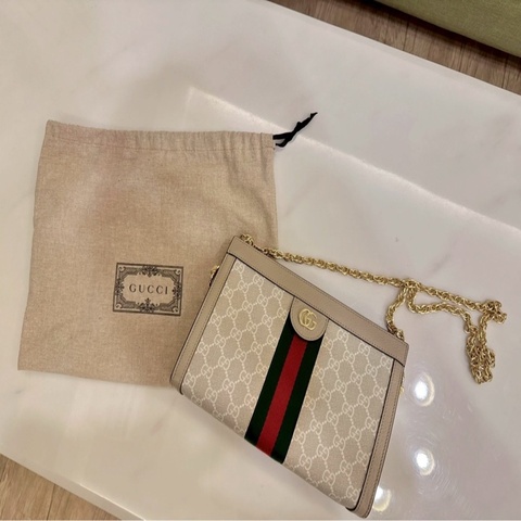 Gucci  ophidia 系列 GG logo 織帶皮革磁扣手拿包/斜背包