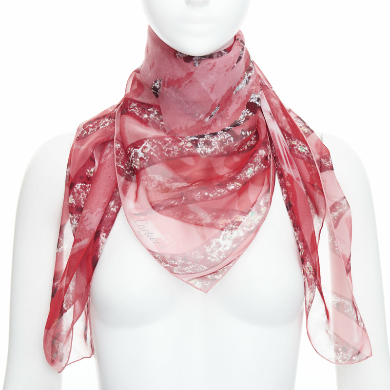 CARTIER 100% silk red brown sheer panther head print square scarf-0