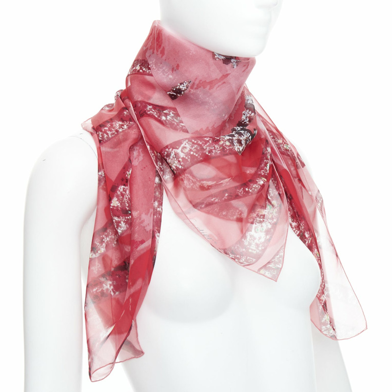 CARTIER 100% silk red brown sheer panther head print square scarf-2