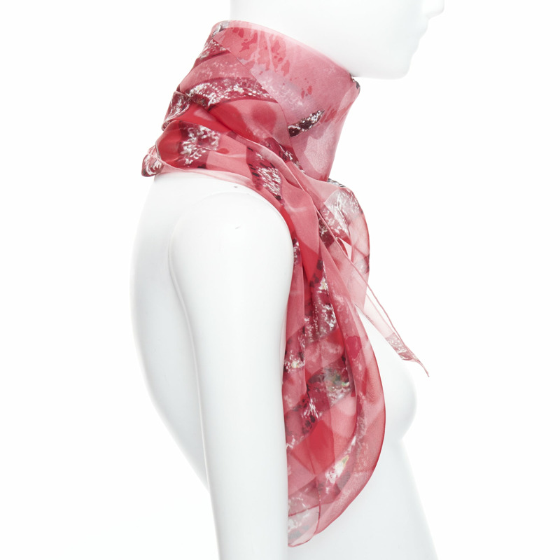 CARTIER 100% silk red brown sheer panther head print square scarf-3