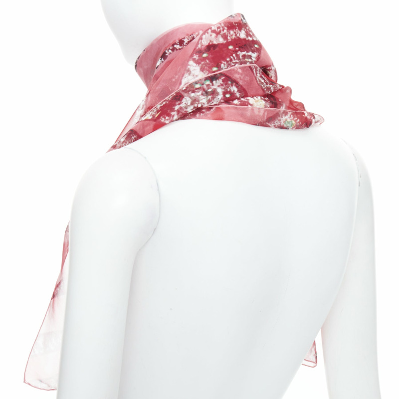 CARTIER 100% silk red brown sheer panther head print square scarf-5