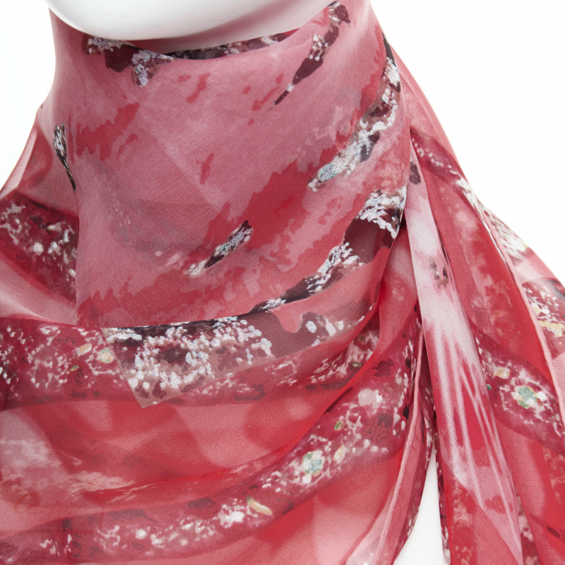 CARTIER 100% silk red brown sheer panther head print square scarf-6