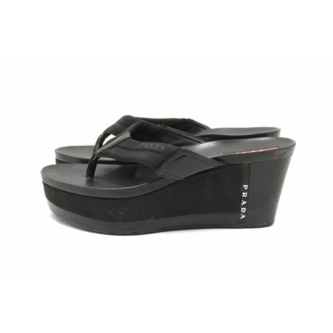 Prada Black Canvas and Leather Sports Thong Wedge Flip Flops Size 37.5