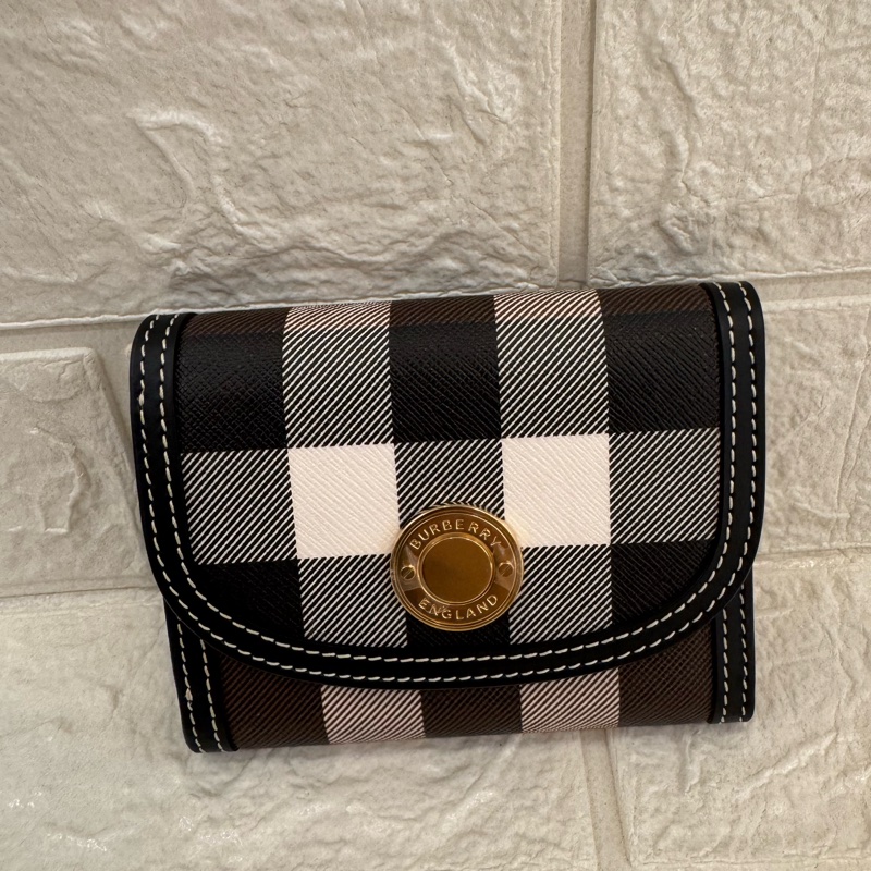 Burberry 灰咖格紋pvc釦式三折短夾-0