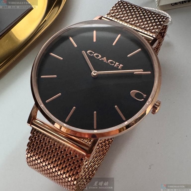 COACH手錶,編號CH00243,42mm玫瑰金圓形精鋼錶殼,黑色簡約, 中二針顯示錶面,玫瑰金色米蘭錶帶款-1