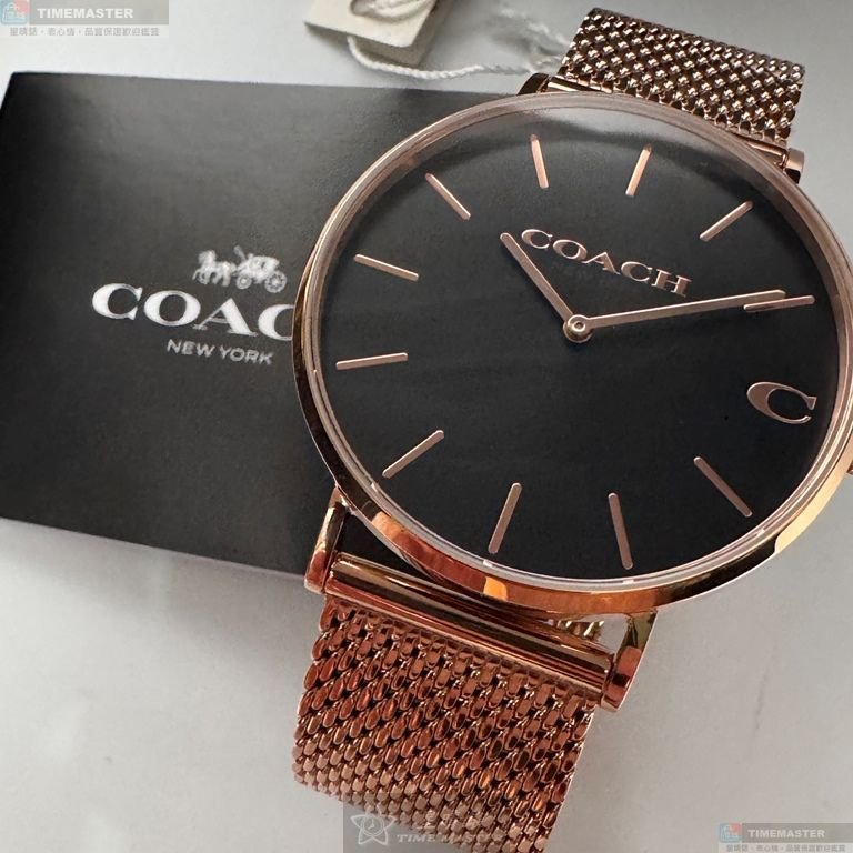 COACH手錶,編號CH00243,42mm玫瑰金圓形精鋼錶殼,黑色簡約, 中二針顯示錶面,玫瑰金色米蘭錶帶款-2