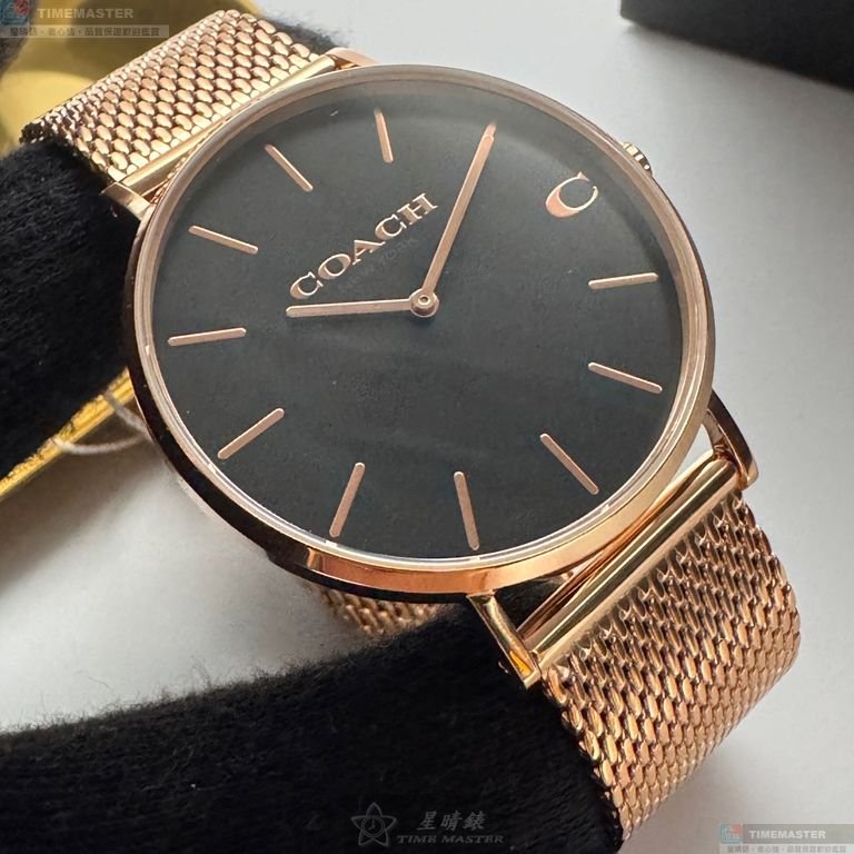 COACH手錶,編號CH00243,42mm玫瑰金圓形精鋼錶殼,黑色簡約, 中二針顯示錶面,玫瑰金色米蘭錶帶款-3