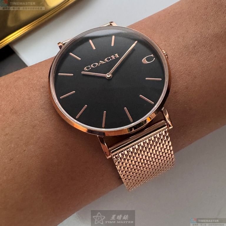 COACH手錶,編號CH00243,42mm玫瑰金圓形精鋼錶殼,黑色簡約, 中二針顯示錶面,玫瑰金色米蘭錶帶款-4