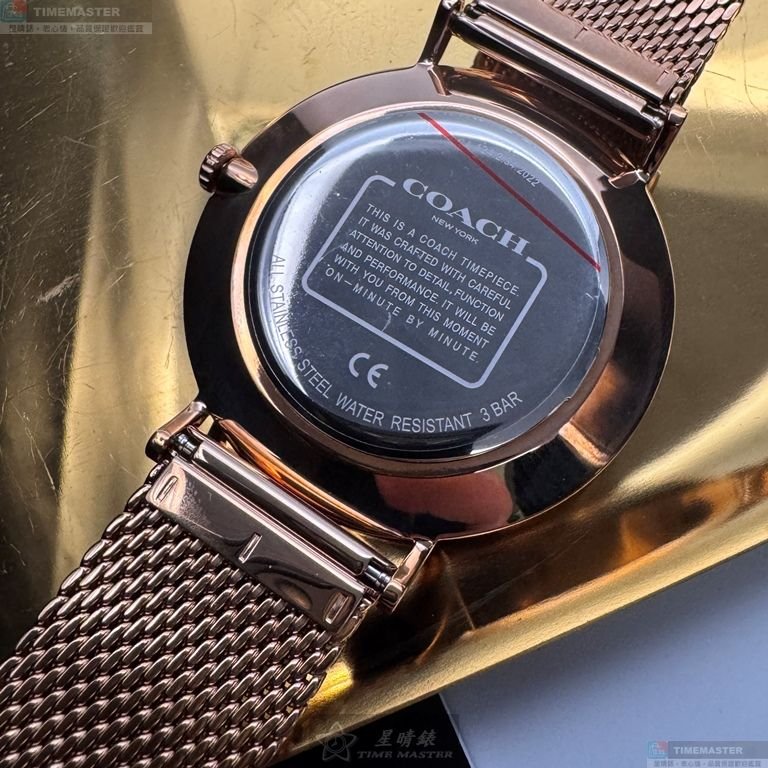 COACH手錶,編號CH00243,42mm玫瑰金圓形精鋼錶殼,黑色簡約, 中二針顯示錶面,玫瑰金色米蘭錶帶款-5