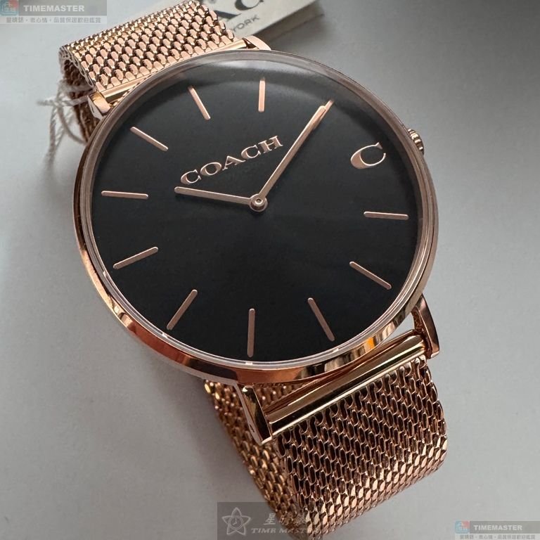 COACH手錶,編號CH00243,42mm玫瑰金圓形精鋼錶殼,黑色簡約, 中二針顯示錶面,玫瑰金色米蘭錶帶款-12