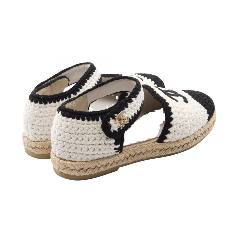 CHANEL COCO Mark 涼鞋平底鞋 G38736 皮革布料白色黑色二手#37-1