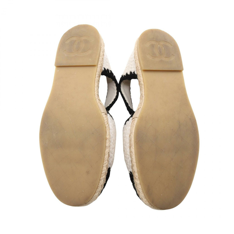 CHANEL COCO Mark 涼鞋平底鞋 G38736 皮革布料白色黑色二手#37-3