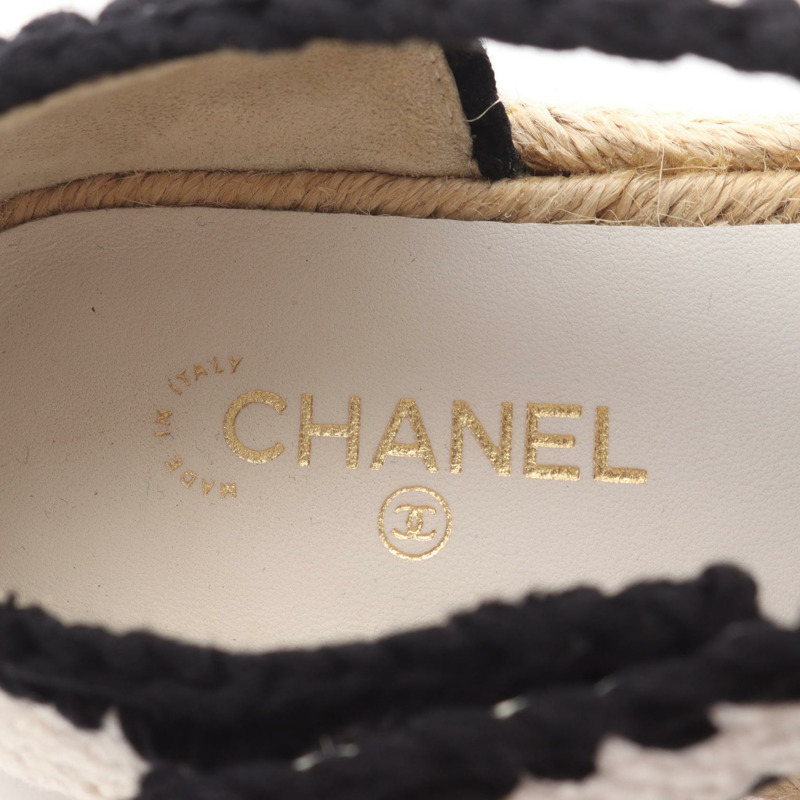 CHANEL COCO Mark 涼鞋平底鞋 G38736 皮革布料白色黑色二手#37-4