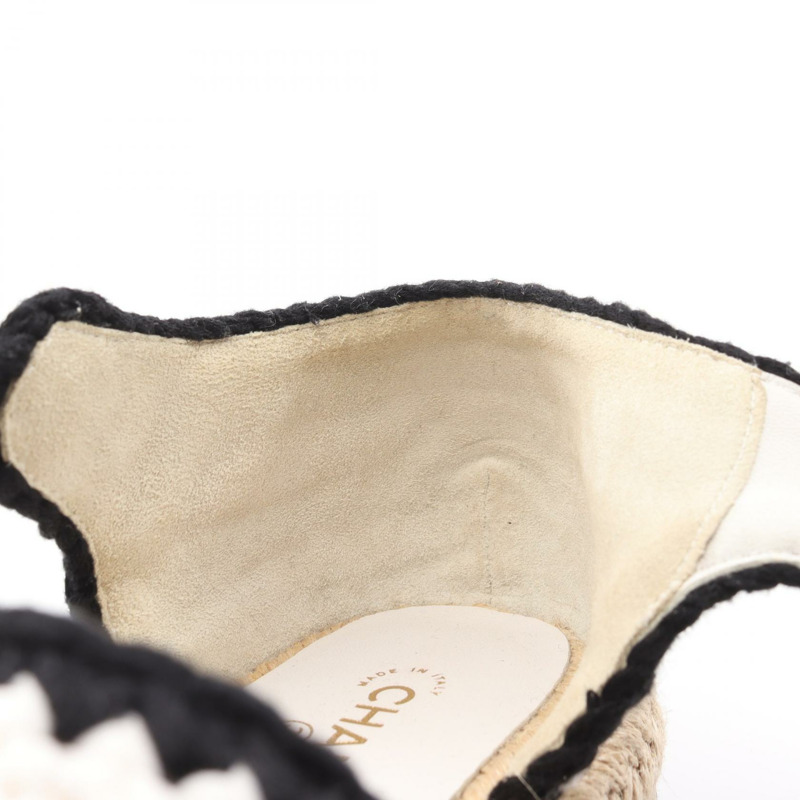 CHANEL COCO Mark 涼鞋平底鞋 G38736 皮革布料白色黑色二手#37-8