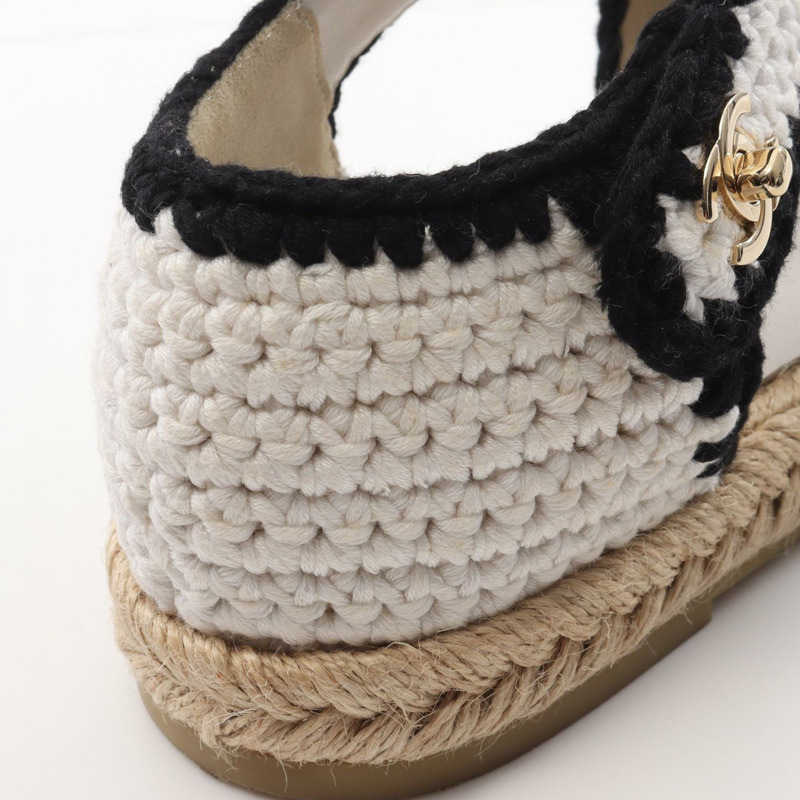 CHANEL COCO Mark 涼鞋平底鞋 G38736 皮革布料白色黑色二手#37-10