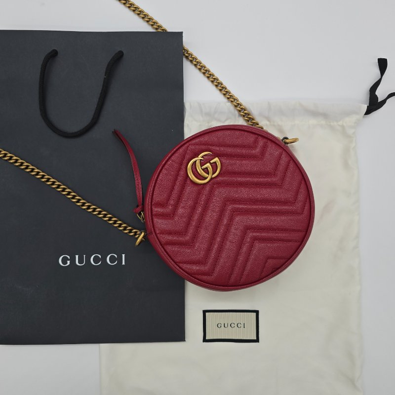 ✨全新品✨ GUCCI GG Marmont 番茄紅 牛皮 經典圓餅 金色 鏈條包 斜背包-0