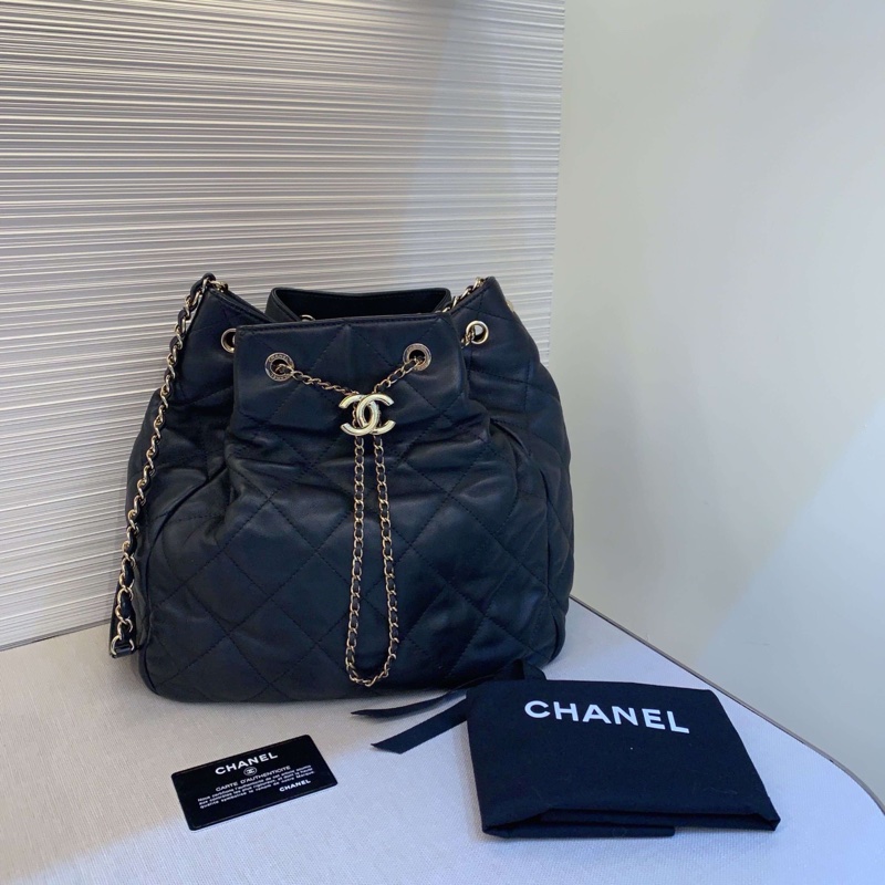 98新 CHANEL香奈儿 经典黑金抽绳水桶包29开-0