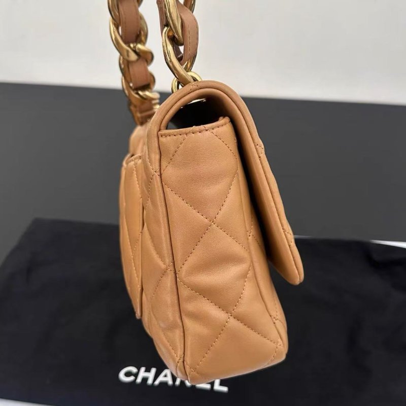Chanel 23p焦糖色 金扣粗鏈條CF肩背包 底長26cm 99新配件塵袋-1