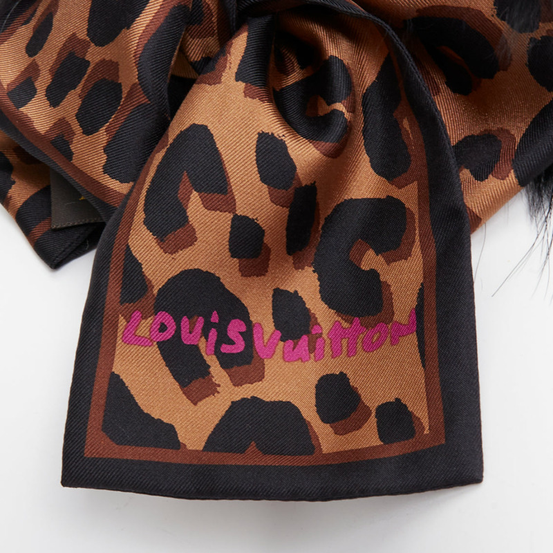 LOUIS VUITTON 2019 Stephen Sprouse black fur brown leopard graffiti collar scarf-1