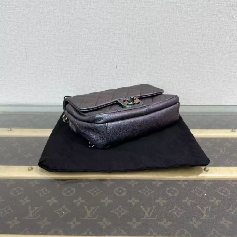 ✨Chanel 炫彩珠光紫色雙鍊條牛皮cf鍊條包 21*16*7  98新配件塵袋-3