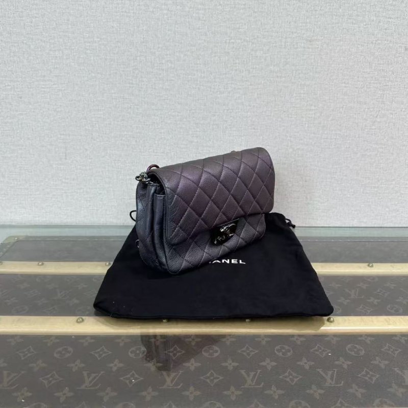 ✨Chanel 炫彩珠光紫色雙鍊條牛皮cf鍊條包 21*16*7  98新配件塵袋-4