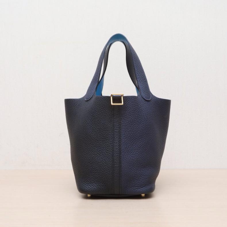 HERMES(愛馬仕) Picotin 18 菜籃子 89黑色拼2Z午夜藍拼0F弗羅裏達藍 TC皮 Y刻 金扣-0