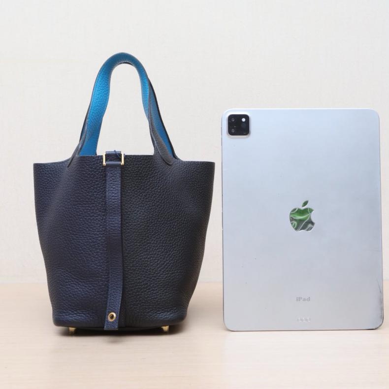 HERMES(愛馬仕) Picotin 18 菜籃子 89黑色拼2Z午夜藍拼0F弗羅裏達藍 TC皮 Y刻 金扣-2