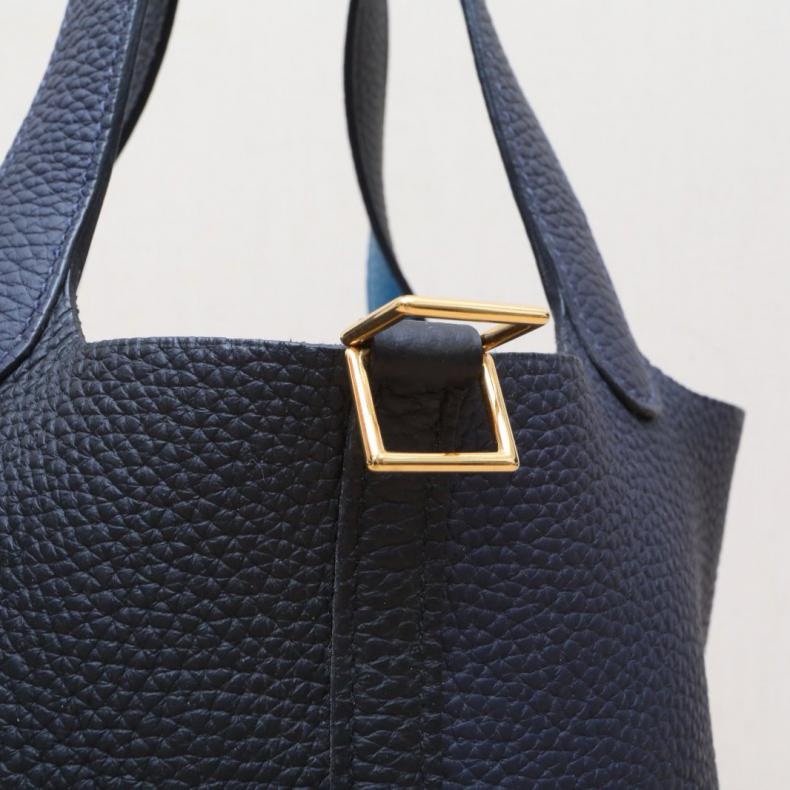 HERMES(愛馬仕) Picotin 18 菜籃子 89黑色拼2Z午夜藍拼0F弗羅裏達藍 TC皮 Y刻 金扣-5