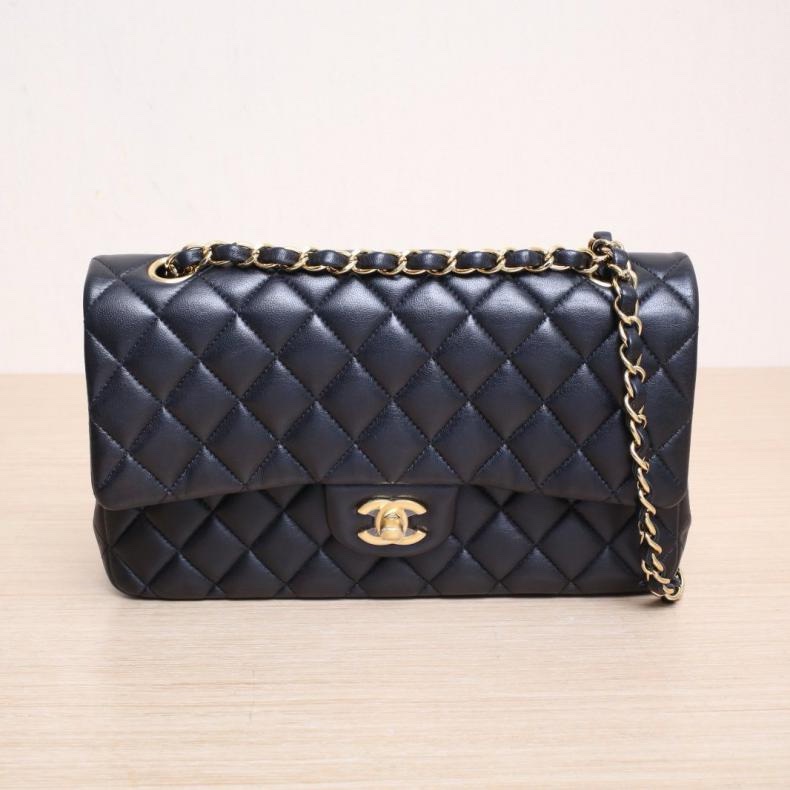 CHANEL(香奈兒) CF 口蓋包 中號 25.5cm 黑色 24開 金扣 菱格紋-0