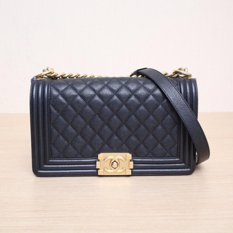 CHANEL(香奈兒) Leboy 中號 25cm 黑色 荔枝 23開 金扣 菱格紋-0
