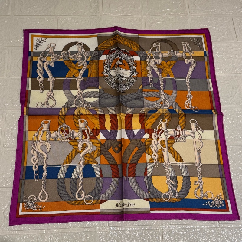 Hermes紫邊繩索圖絲巾42*42-0