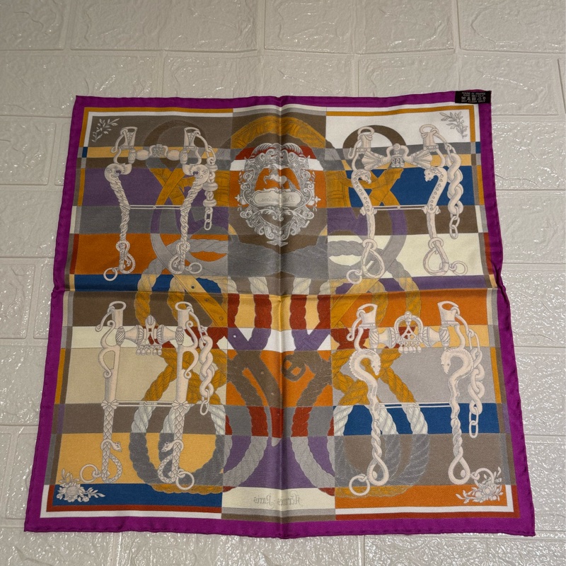 Hermes紫邊繩索圖絲巾42*42-1